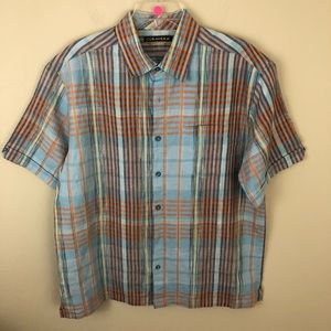 Cubavera Shirt Mens L 100% Linen Blue Orange Plaid Short Sleeve